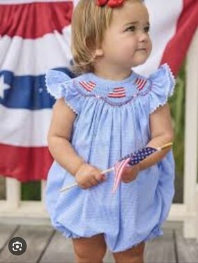Blue Gingham Baby Girl Bubble Romper with Flag Smocking